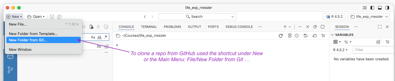 Screenshot of the shortcut in positron under New to create a new file from Git.