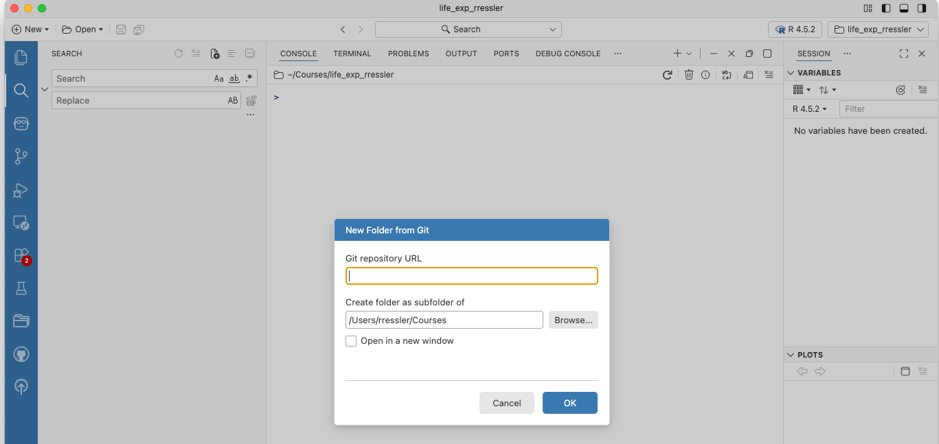 Screenshot of popup to clone a new repo from GitHub.