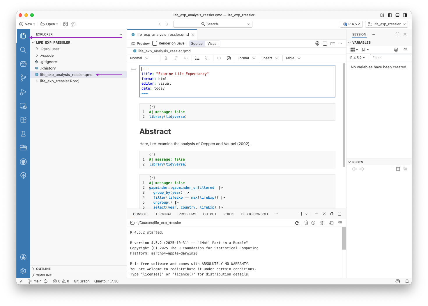 Screenshot of the explorer view with an open qmd file.