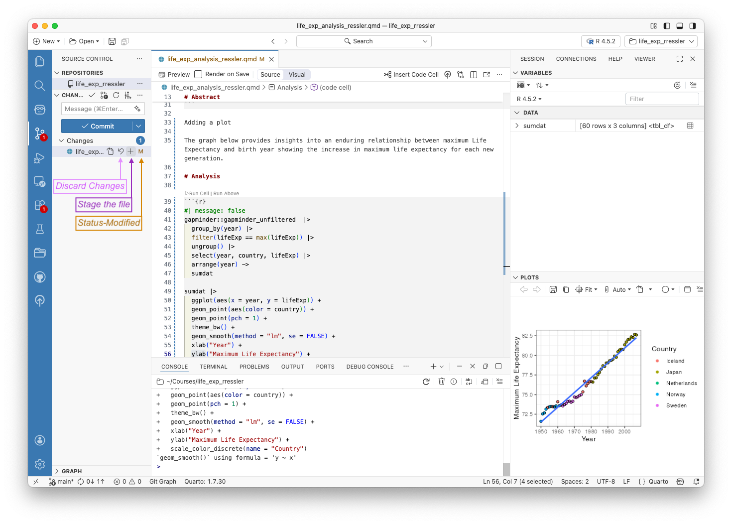 Screenshot of the source control view with a modified file.