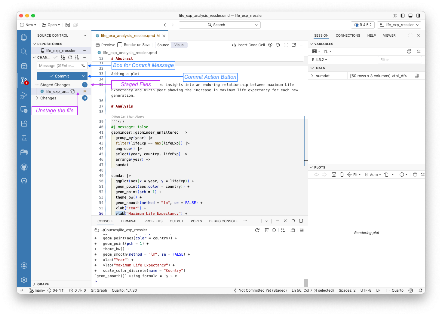 Screenshot of the source control view with a staged file.