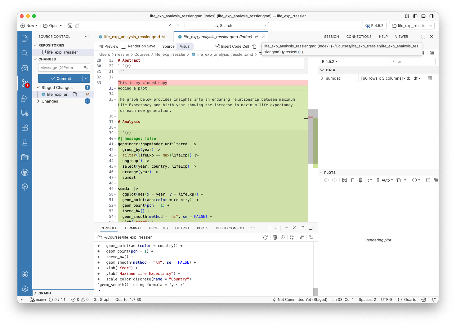 Screenshot of the source control view with a staged file with the diff file open in the editor.