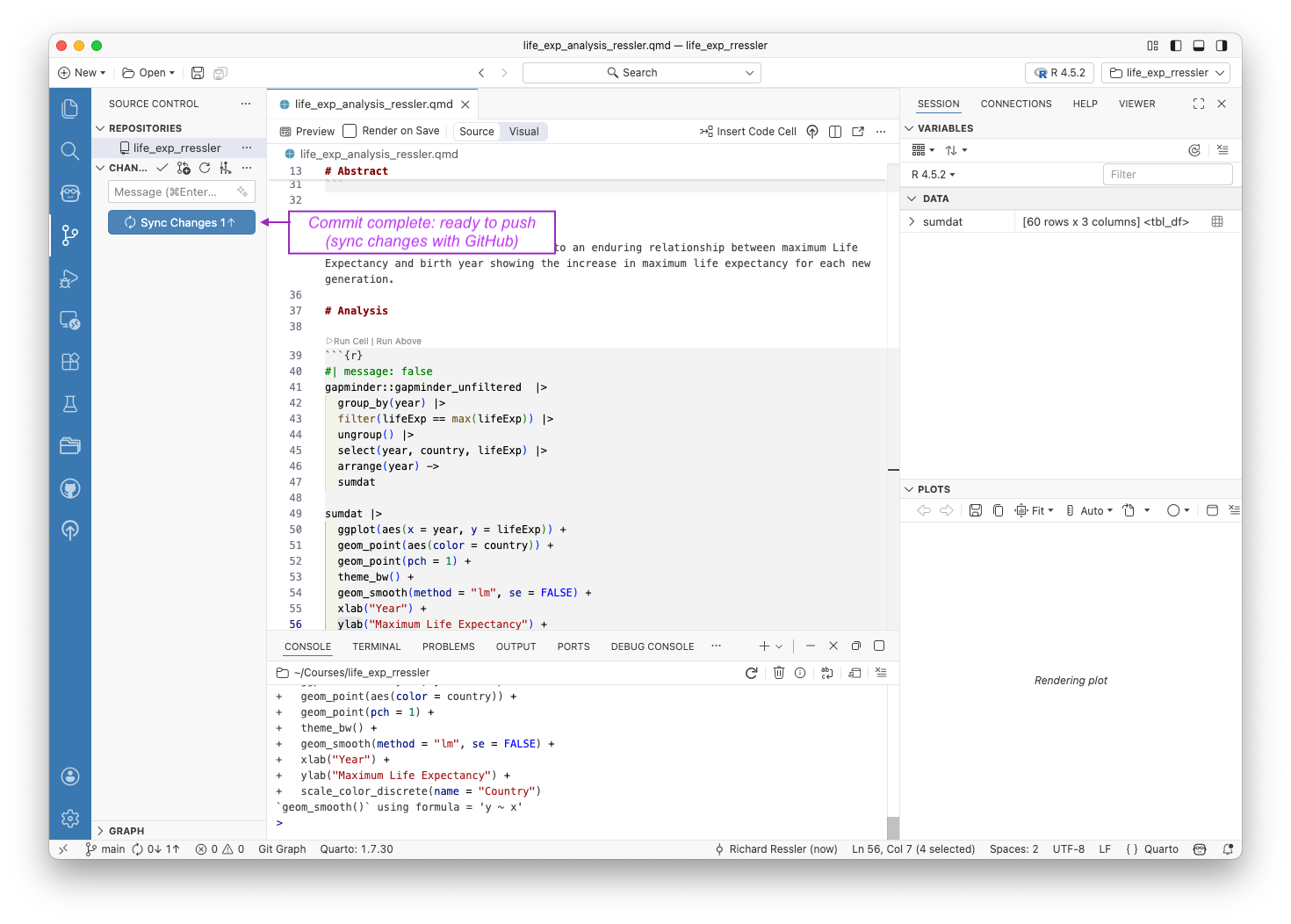 Screenshot of the source control view with a completed commit.