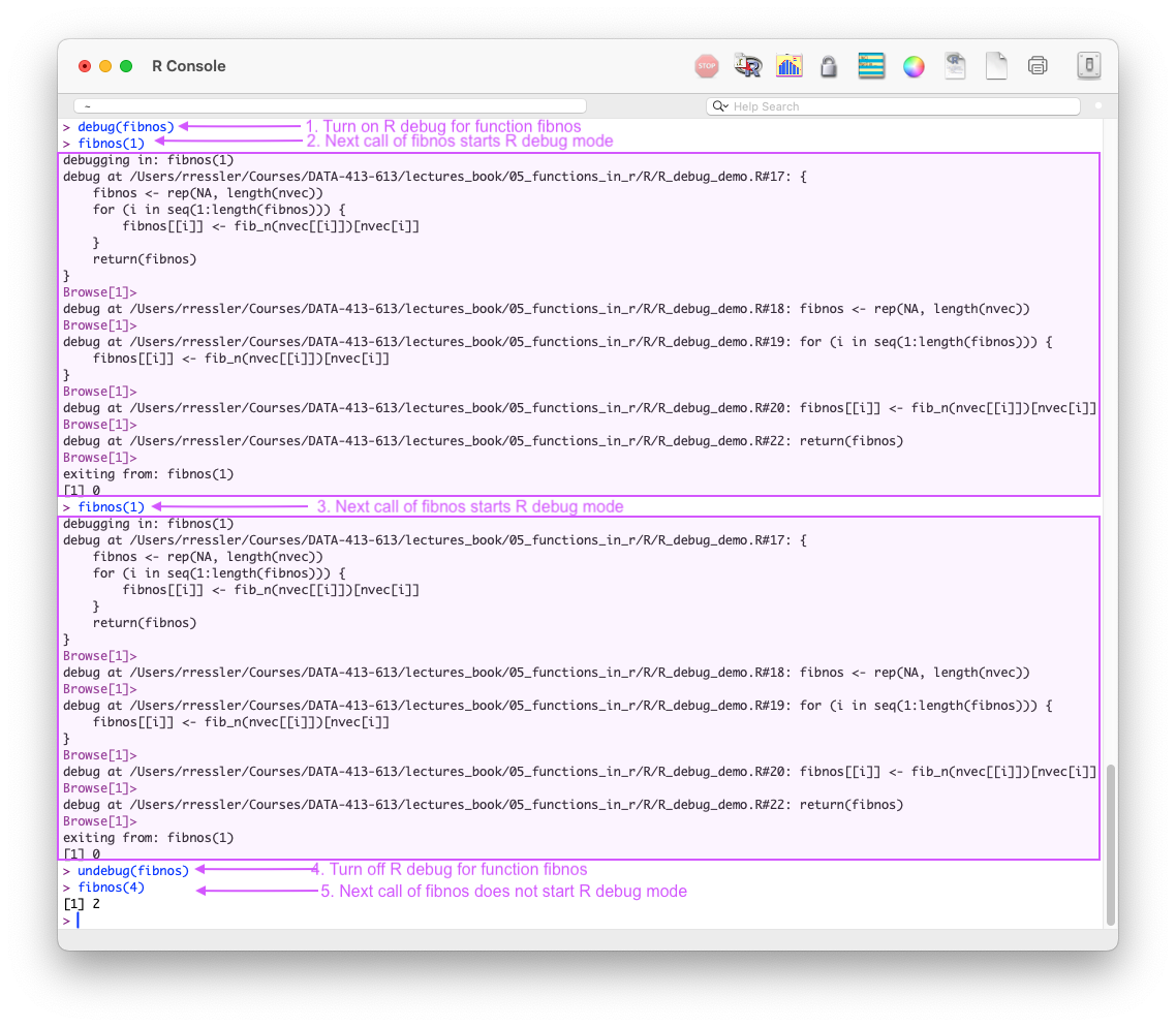 A screen shot of a plain R console using debug() and undebug().