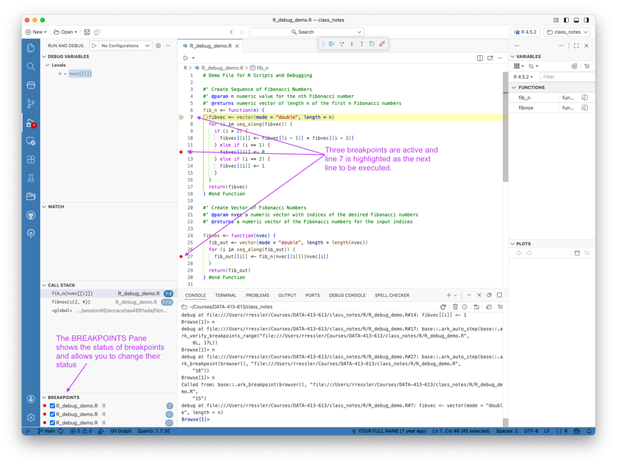 Screenshot of Positron showing multiple breakpoints in the Browse environment'