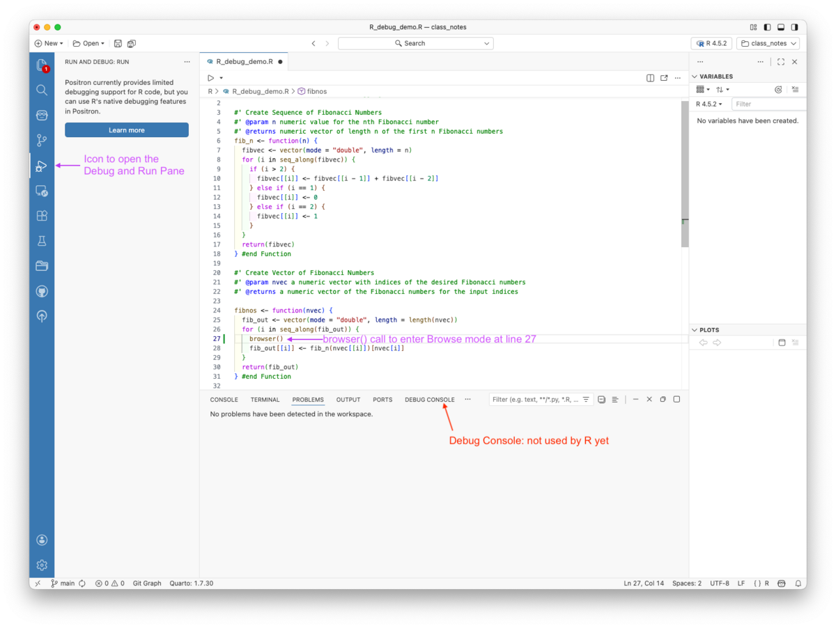 Screenshot of Positron IDE before entering debug mode