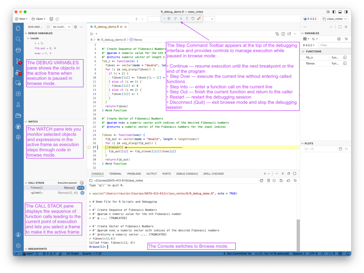 Screenshot of the Positron showing the Browse mode with the Debug and Run Pane on the left.