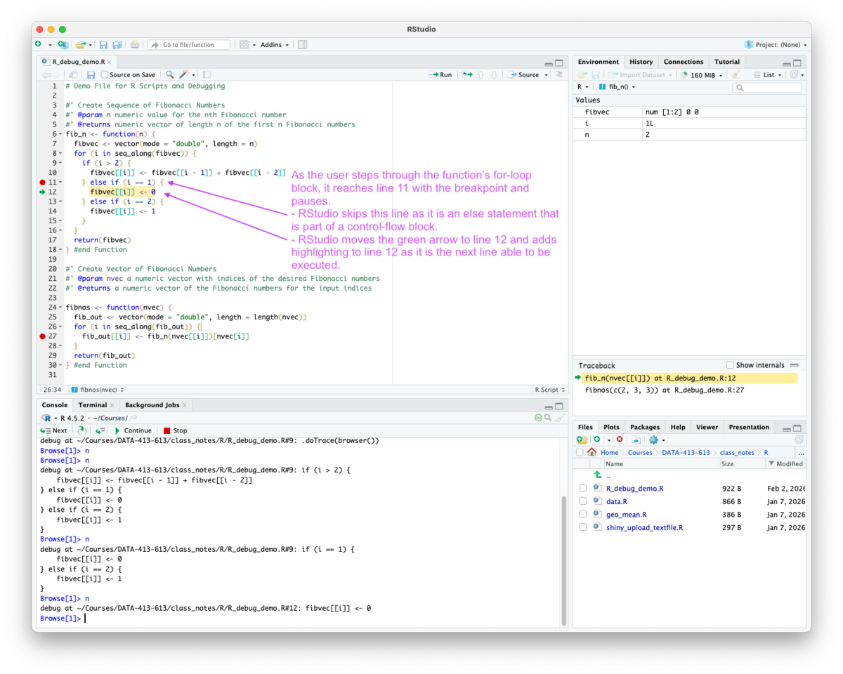 Screenshot of the Source Editor showing the Browse mode with green arrow on the first executable line after the breakpoint line since it is on a line with a control-flow block - the if statement.
