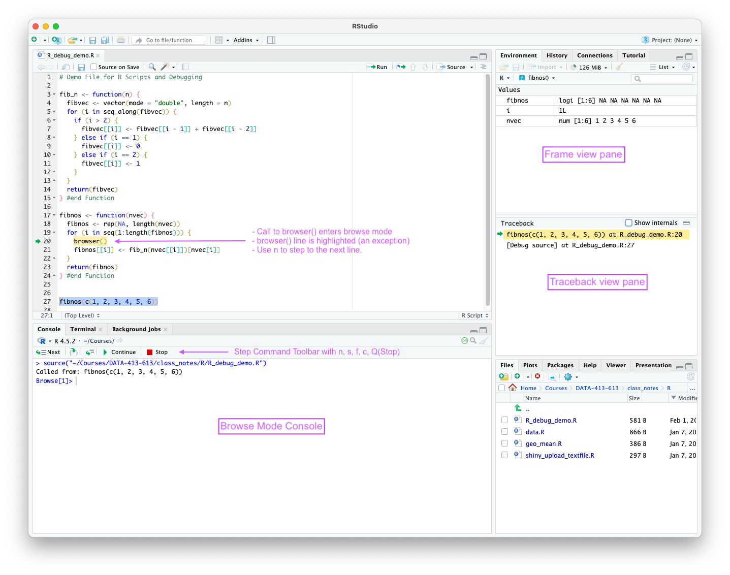 screenshot of RStudio in browse mode when called from browser().