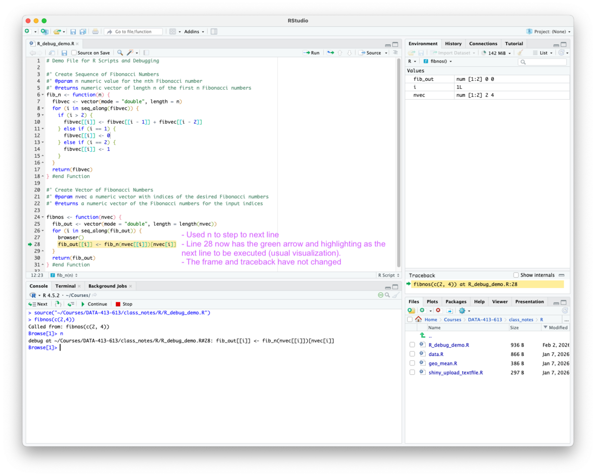 screenshot of RStudio in browse mode when called from browser() after one step to highlight the next line.