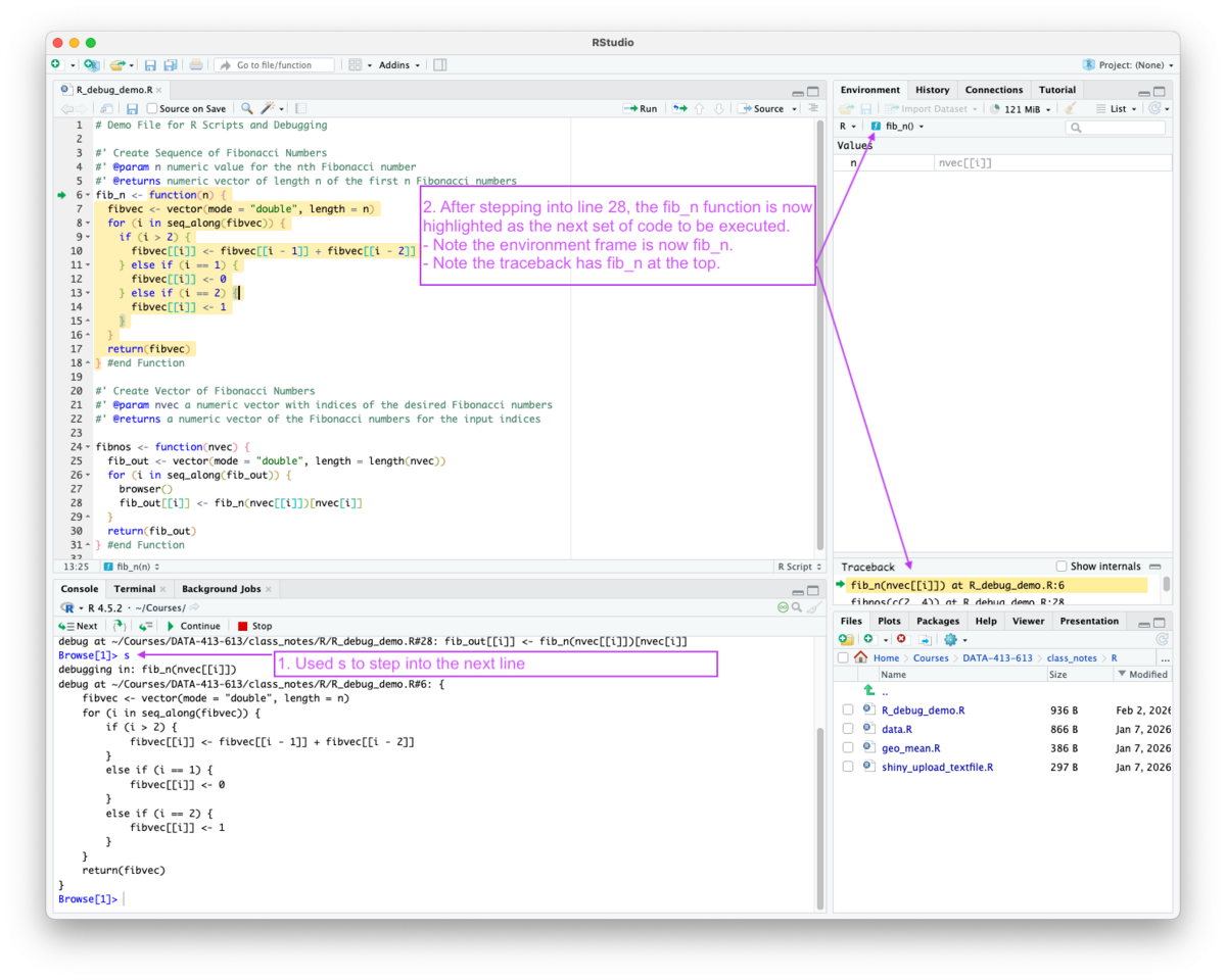 Screenshot of RStudio Browse mode showing that stepping into a function shifts the focus to the new function and its frame.