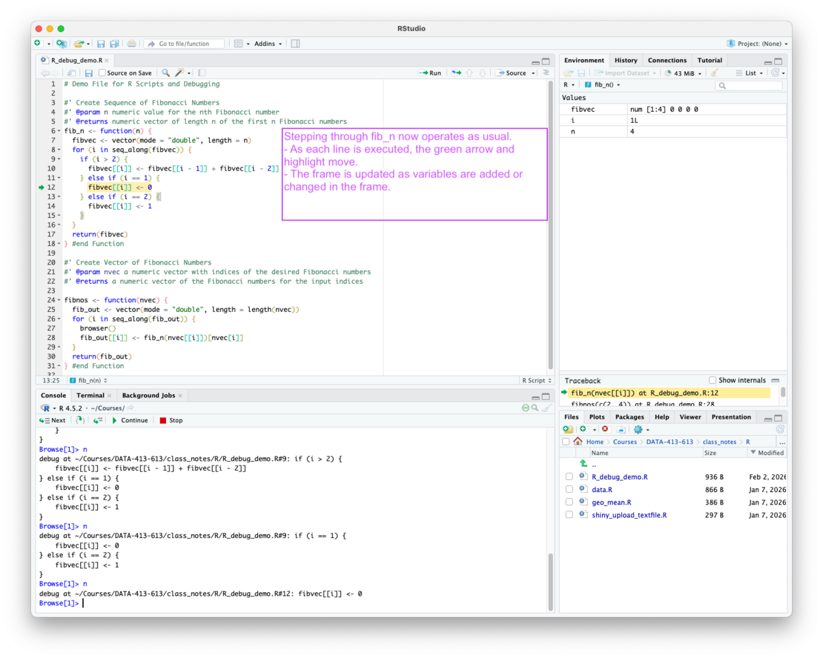 Screenshot of RStudio Browse mode showing that stepping into a function shifts the focus to the new function and its frame and oerates as usual.