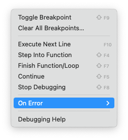 screenshot of RStudio Main Debug Menu options with keyboard shortcuts.