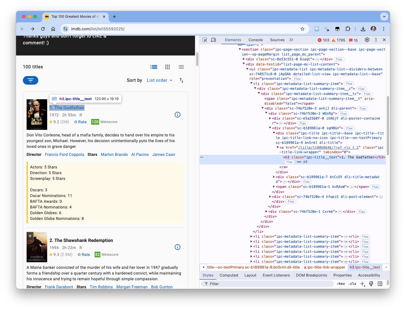 The web page elements for number and title for the the first movie highlighted with the developer tools element highlighted on the right.