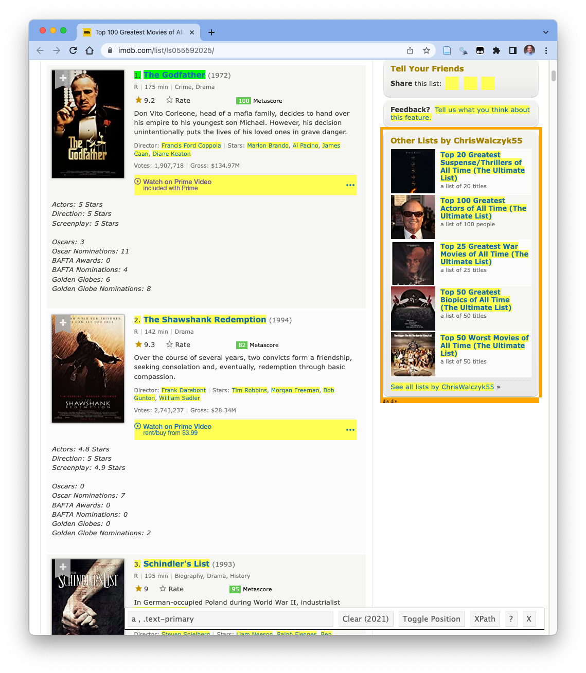 Now the web page shows the elements '1' and 'The Godfather' highlighted in green, many eements highlighted in yellow, and 2021 items selected.
