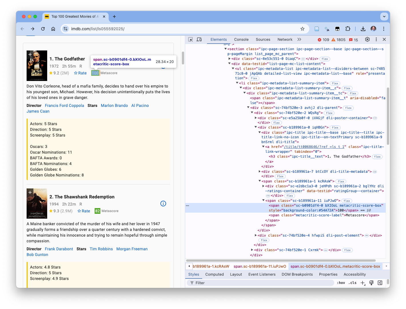 The web page elements for metacritic score for the the first movie highlighted with the developer tools element highlighted on the right.