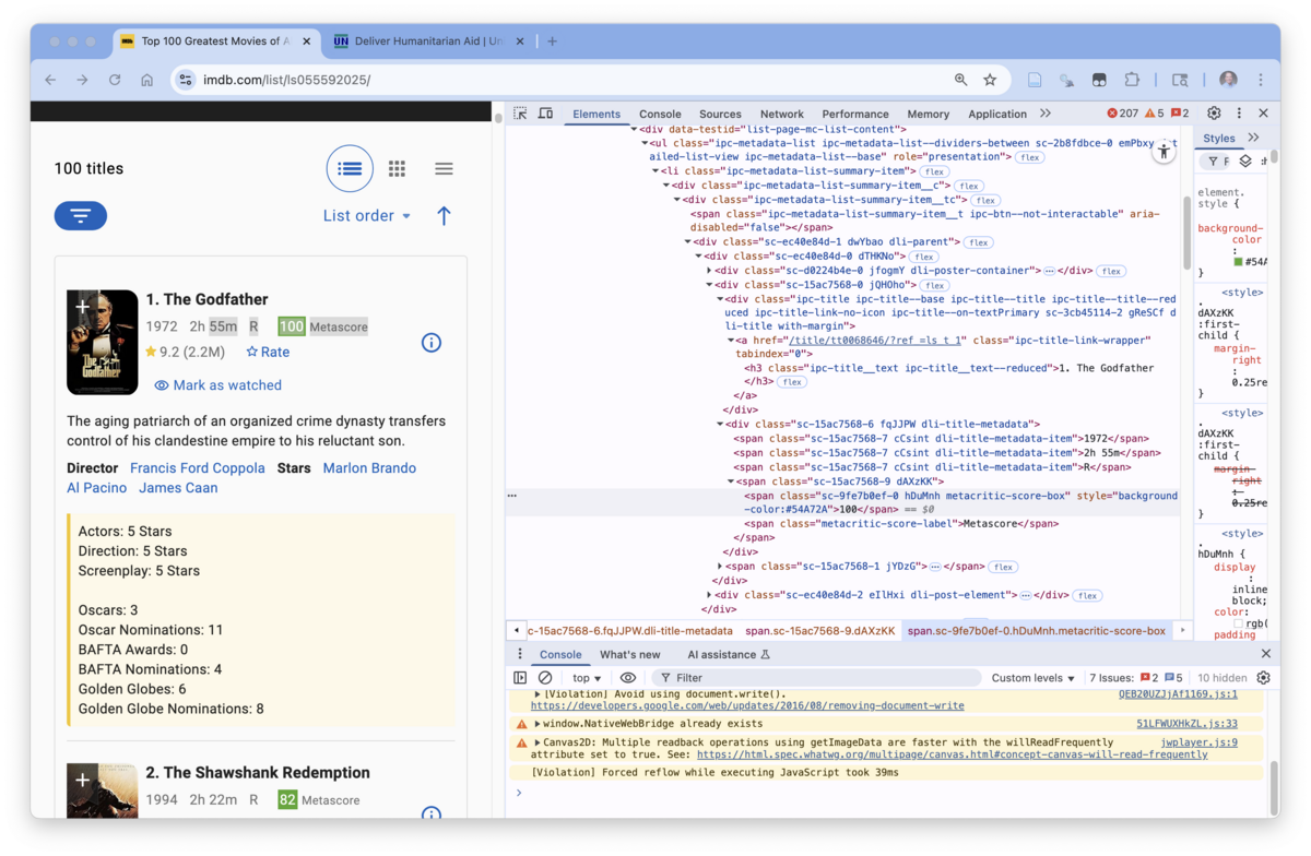 The web page elements for metacritic score for the the first movie highlighted with the developer tools element highlighted on the right.