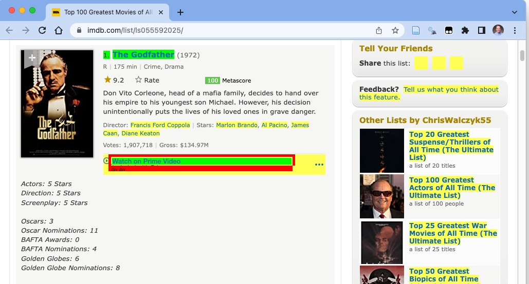 Now the web page shows the same elements items highlighted in green, the rank and title for other movies and several other elements highlighted in yellow and some other elements highlighted in red.