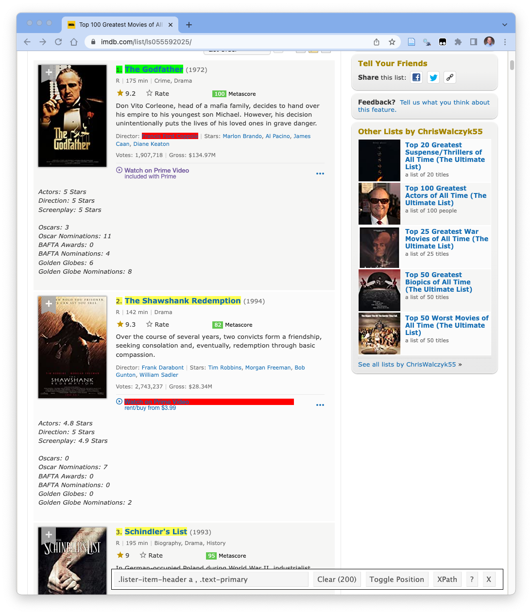 Now the web page shows the same elements items highlighted in green, the rank and title for other movies highlighted in yellow and some other elements highlighted in red with 200 items selected.