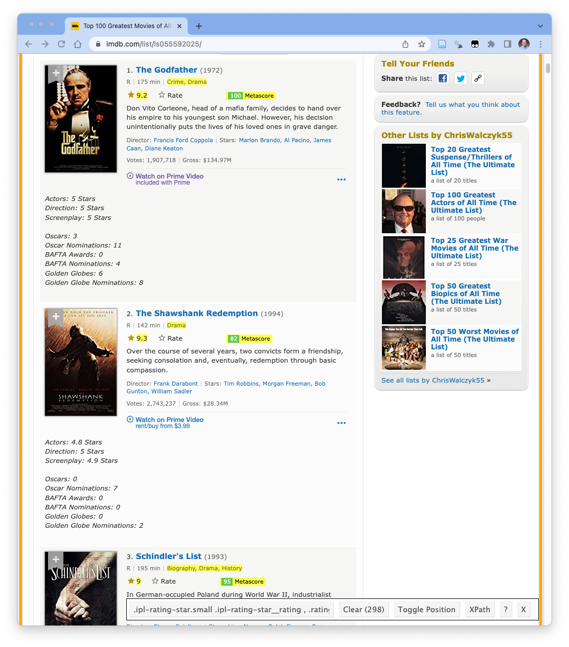 A new snapshot showing the web page elements for genre, metascore, and ranking for the the first movie highlighted in green and for other movies highlighted in yellow with 298 items selected.