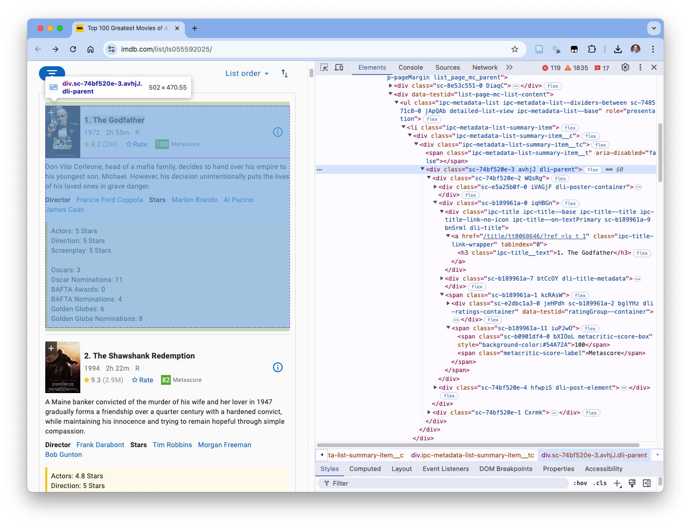 The web page elements for moveie element for the first movie highlighted with the developer tools element highlighted on the right.