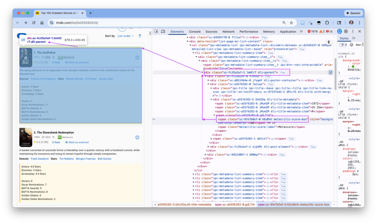 The web page elements for Metascore for the the first movie highlighted in the rendered page on the left and also highighted in the developer tools element pane on the right.