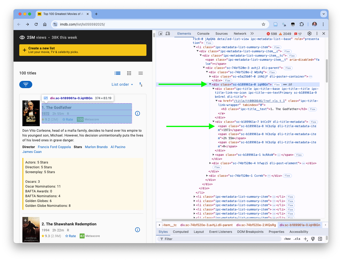 The web page elements for moveie element for the first movie highlighted with the developer tools element highlighted on the right.