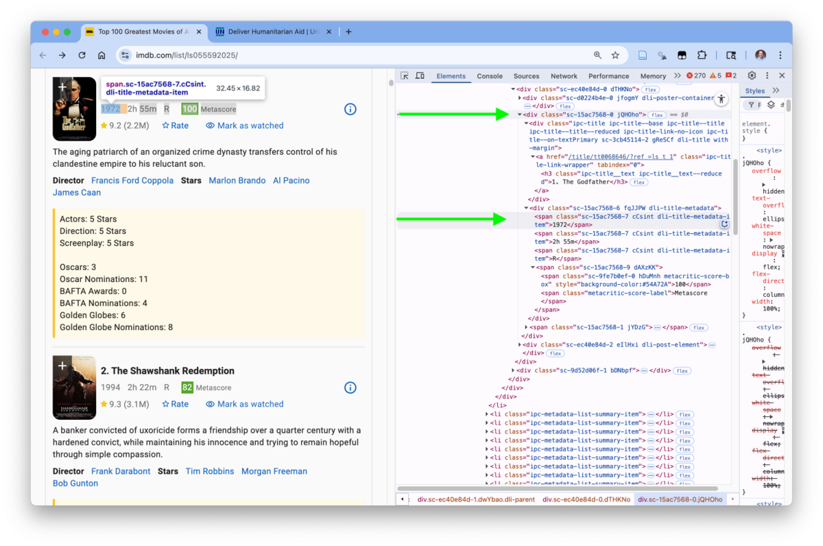 The web page elements for movie element for the first movie highlighted with the developer tools element highlighted on the right.