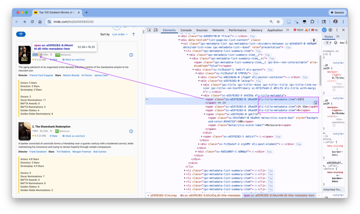The web page element for Year shows it shares the same class with mutiple peers.