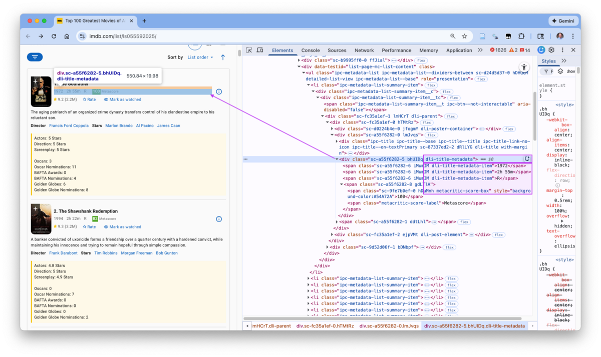 The web page element for Year shows it shares the same class with mutiple peers.