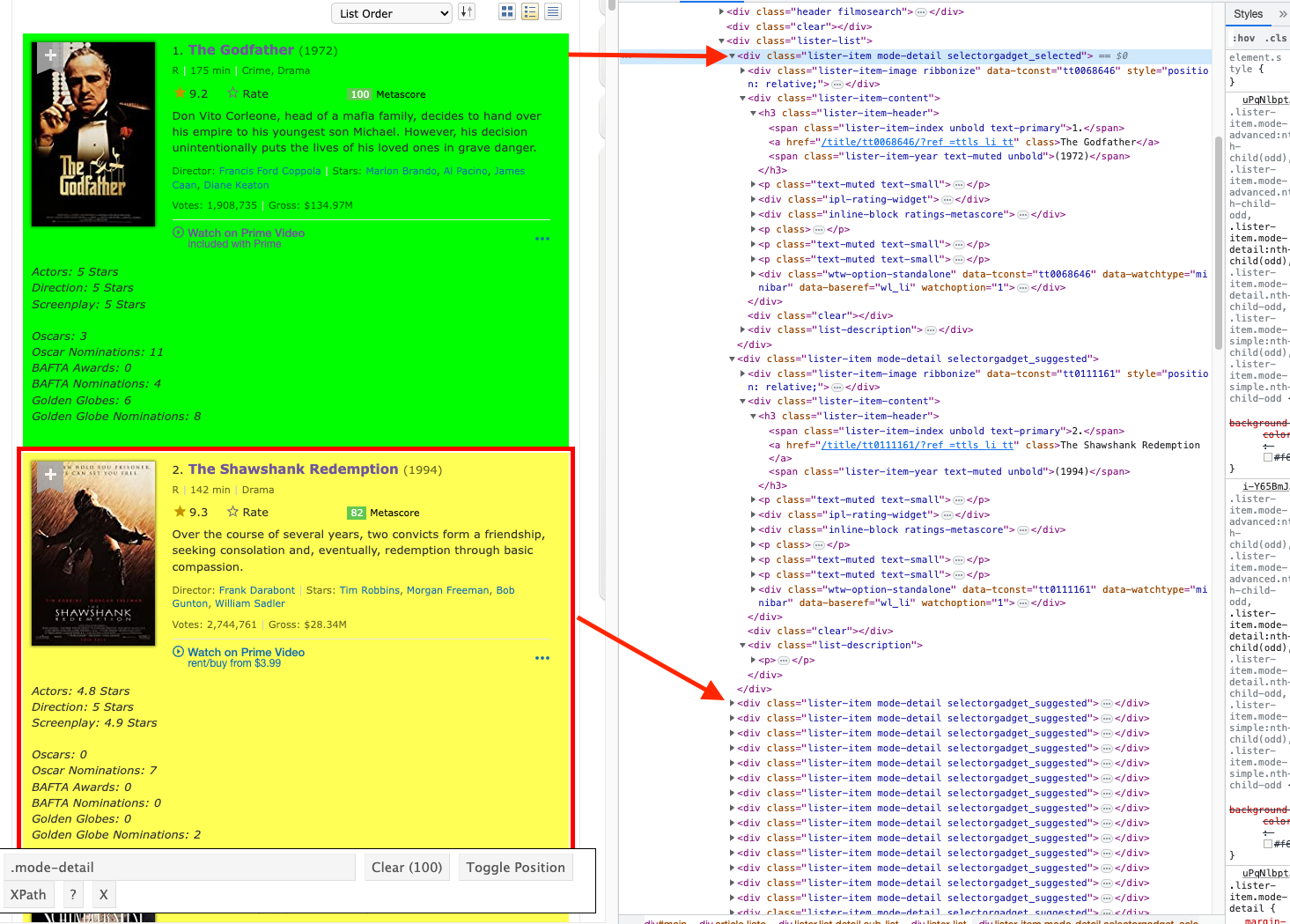 Snapshot of the web site showing all of 'The Godfather' highlighted in green and all of 'The Shawshank Redemption' highlighted in yellow with the code tools open and the selector `mode-detail` with 100 elements selected.