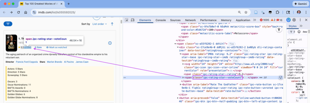 The web page element for Votes shows it has its own class.
