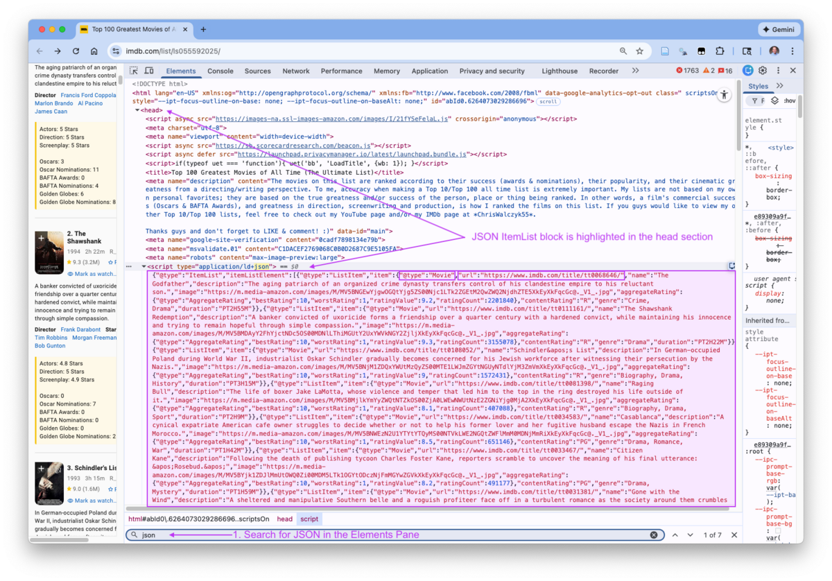 The web page head section comtains embedded JSON for the movies.