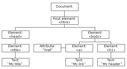 A depiction of a notional DOM as a tree with the html node and the top and descending branches with nodes with html elements and attribute nodes.