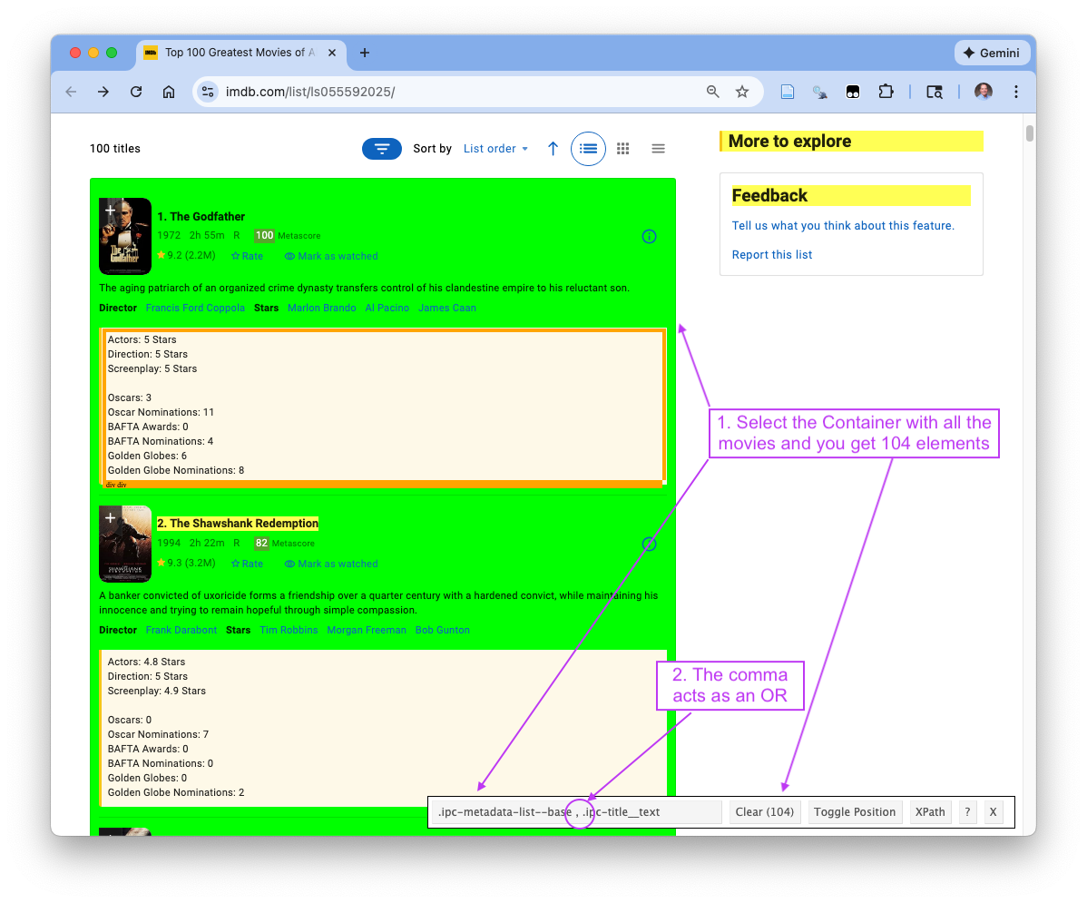 Screen shot of IMDb page with selector gadget selecting the container for the movies and the rank and title elements