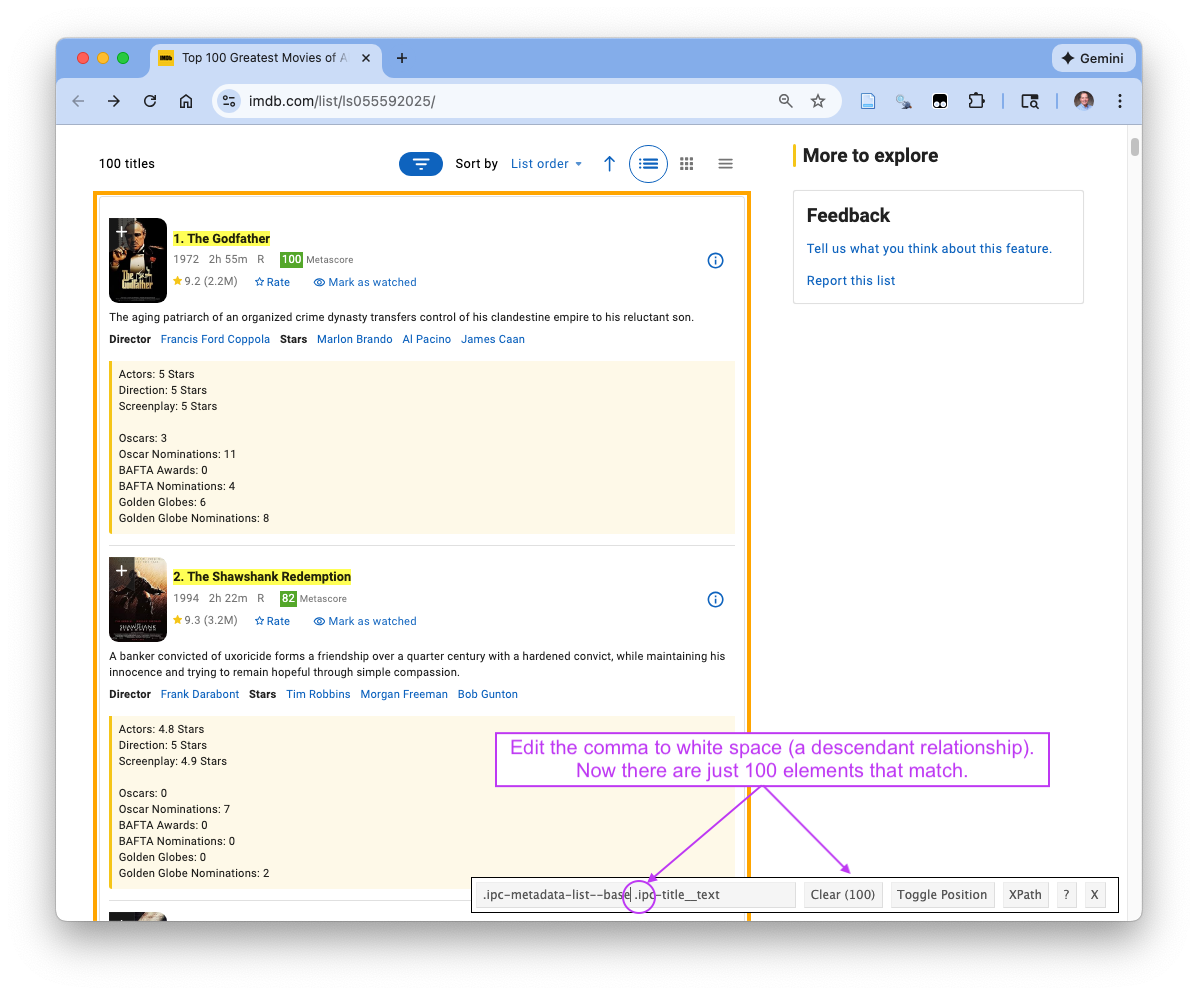 Screen shot of IMDb page with selector gadget selecting the container and only the descendant the movies with their rank and title elements