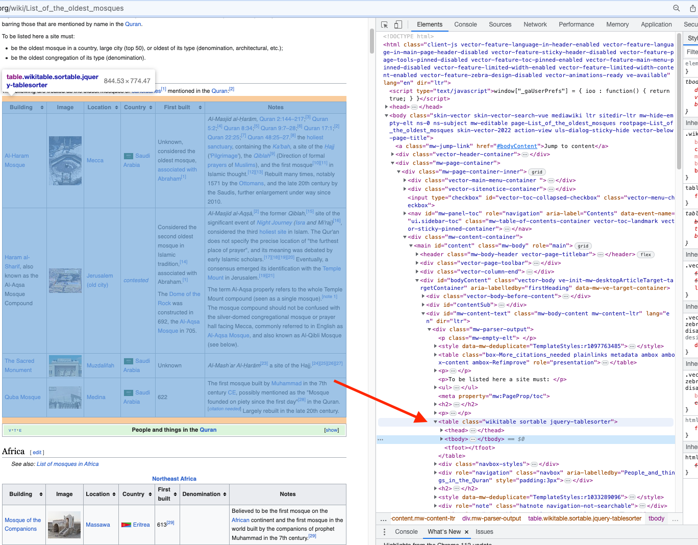 Snapshot of mosque web page on the left and developer tools on the right showing the highlighted element with class `wikitable`.