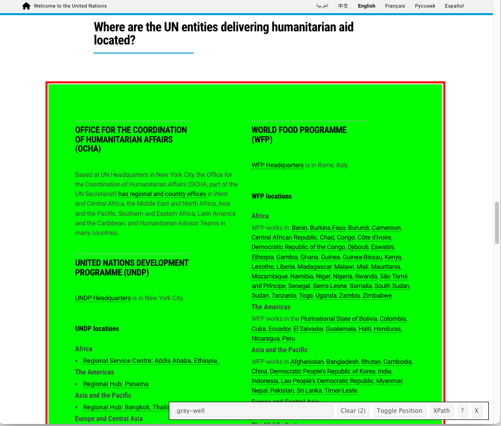 A snapshot of the web page showing the box of agencies and locations is highlighted in green and the selection box shows 2 elements have been selected.