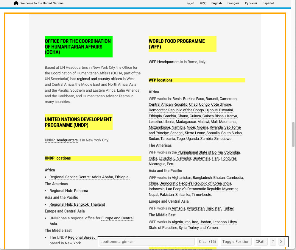 Now the web page shows the OCHA highlighted in green, and other elements highlighted in yellow, and 16 items selected.