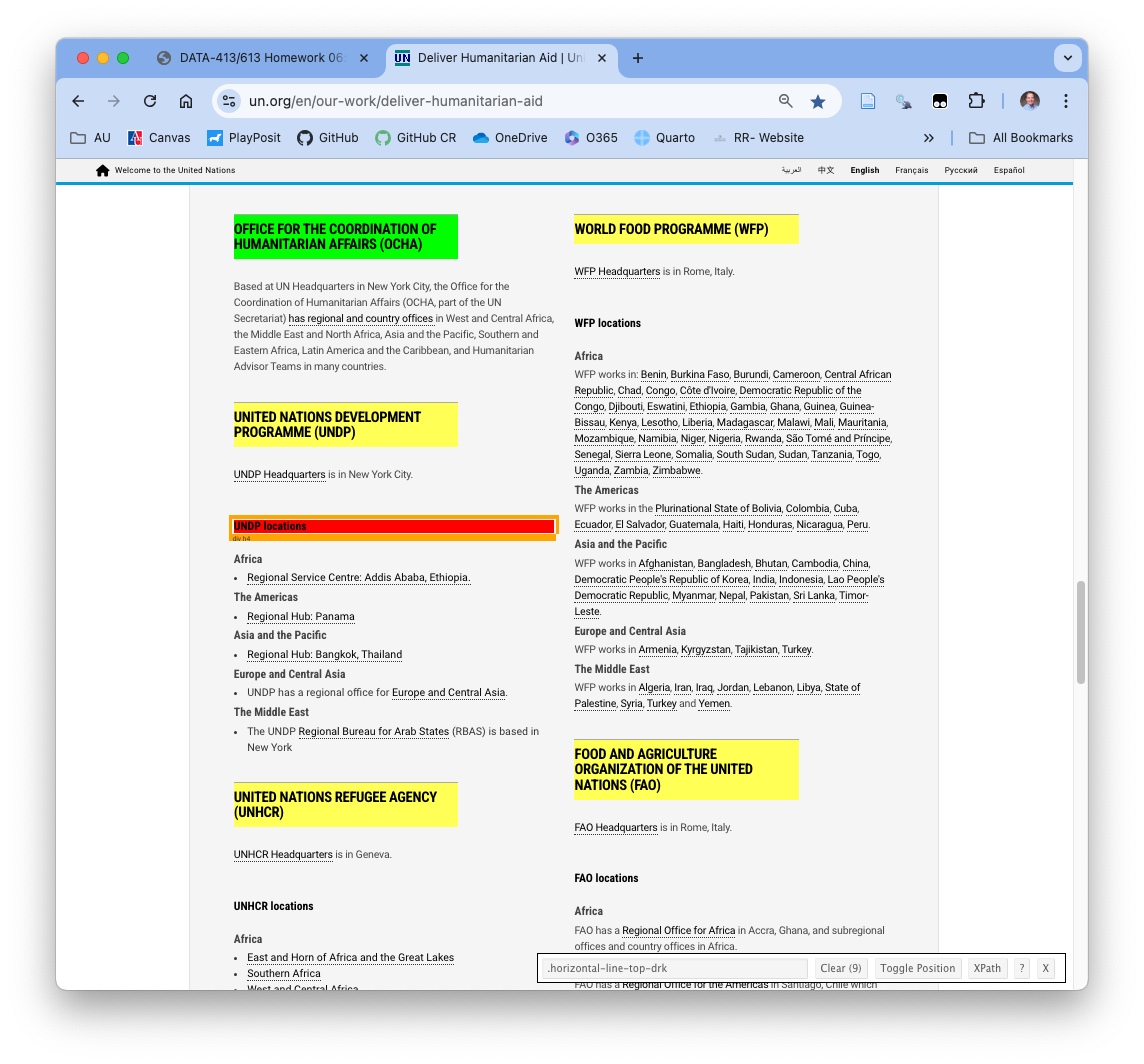 The web page shows the nine office names in green and yello and the unwanted location element in red.