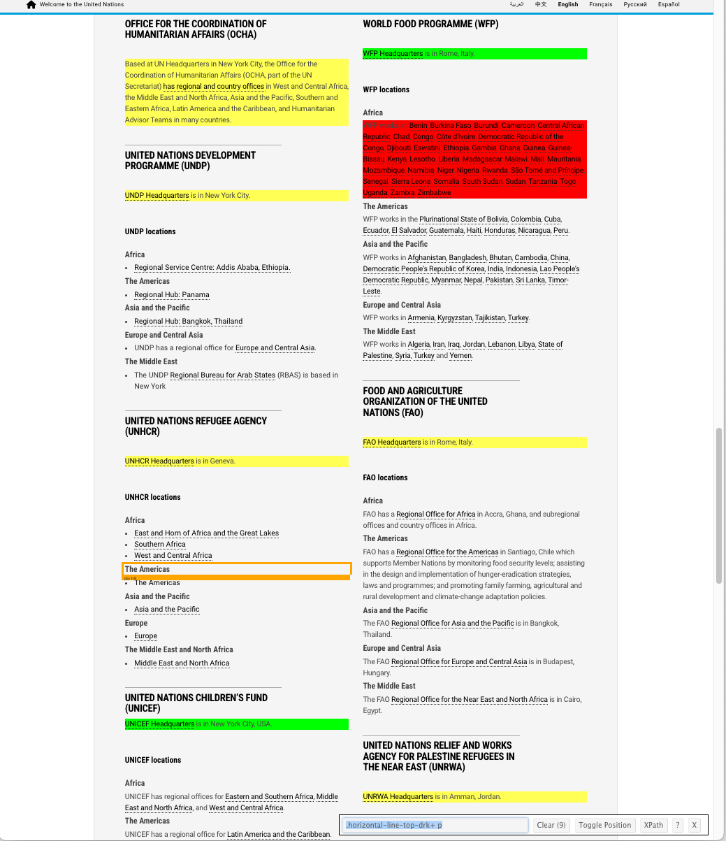 A new snapshot showing the web page elements for HQs locations with 9 location elements.