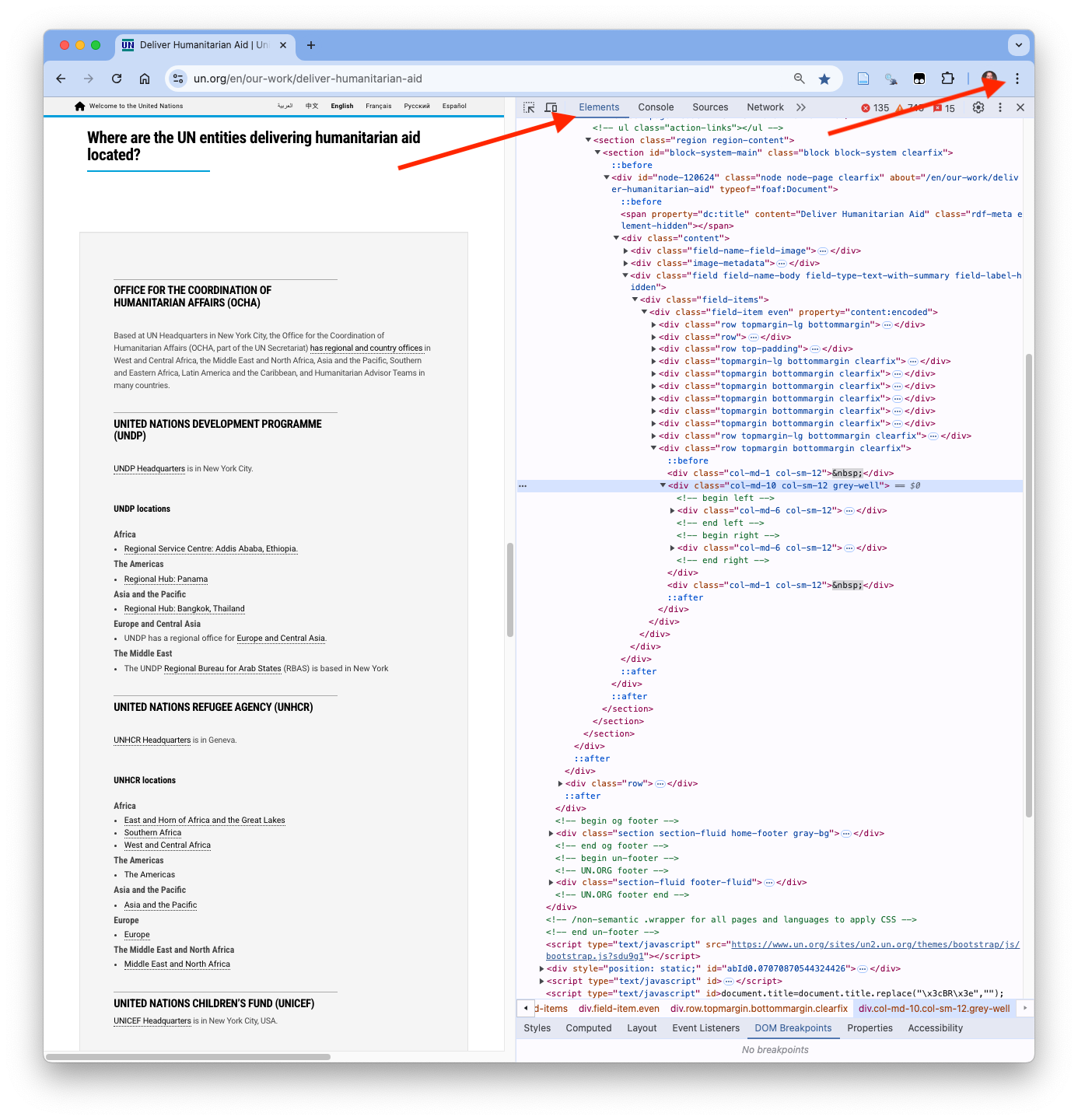 The web page is on the left with the Elements pane of the Chrome Developer Tools on the right.