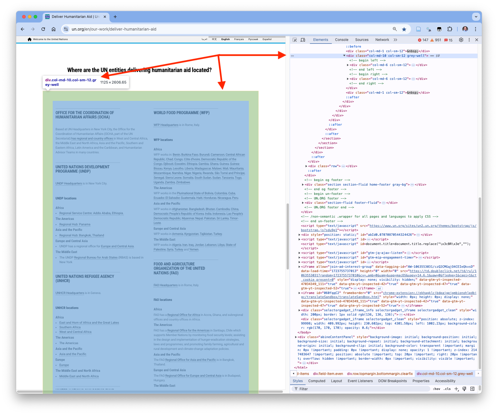 The web page is on the left with the grey-well highlighted in light green with the Elements pane of the Chrome Developer Tools on the right shwoing the element in the DOM with its class.