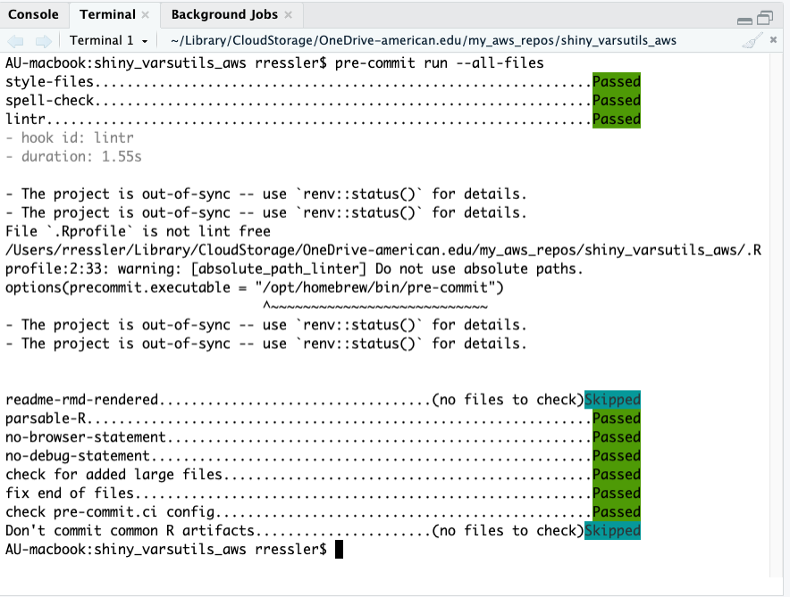 Output from running the precommit hooks shown in a terminal pane.