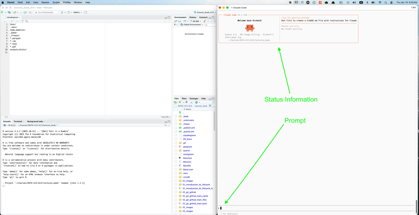 RStudio on the left showing the .claudeignore file and R console. iTerm2 on the right showing the Claude Code welcome screen with status information and tips panel.