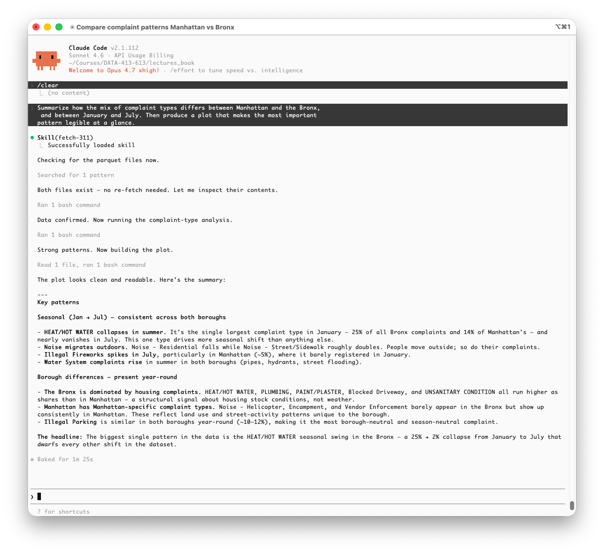 Claude Code terminal showing the prompt, Skill(fetch-311) invocation, two bash commands, and the returned analytical summary with key patterns listed.