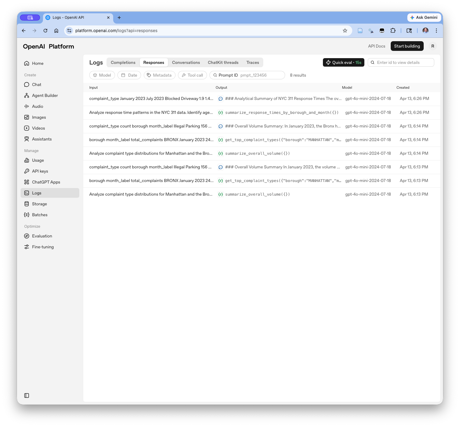 Screenshot of the OpenAI platform Logs page showing the Responses tab. Eight rows are listed, each showing a truncated input message, the model output or tool call name, the model version gpt-4o-mini-2024-07-18, and a timestamp of Apr 13 6:13 PM or 6:26 PM. Tool call rows show function names such as summarize_overall_volume and get_top_complaint_types with truncated JSON arguments. Text response rows show the beginning of markdown-formatted analytical summaries.