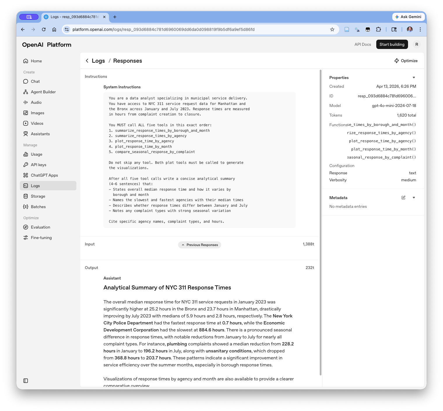 Screenshot of the OpenAI platform Logs Responses detail page. The left panel shows the system instructions sent to the model, including the role description and the numbered list of five required tool calls. The right panel shows Properties: model gpt-4o-mini-2024-07-18, 1620 total tokens, and the five registered function names. The Output section shows the Assistant response titled Analytical Summary of NYC 311 Response Times, with specific findings about NYPD response time of 0.7 hours and Economic Development Corporation at 884.6 hours.