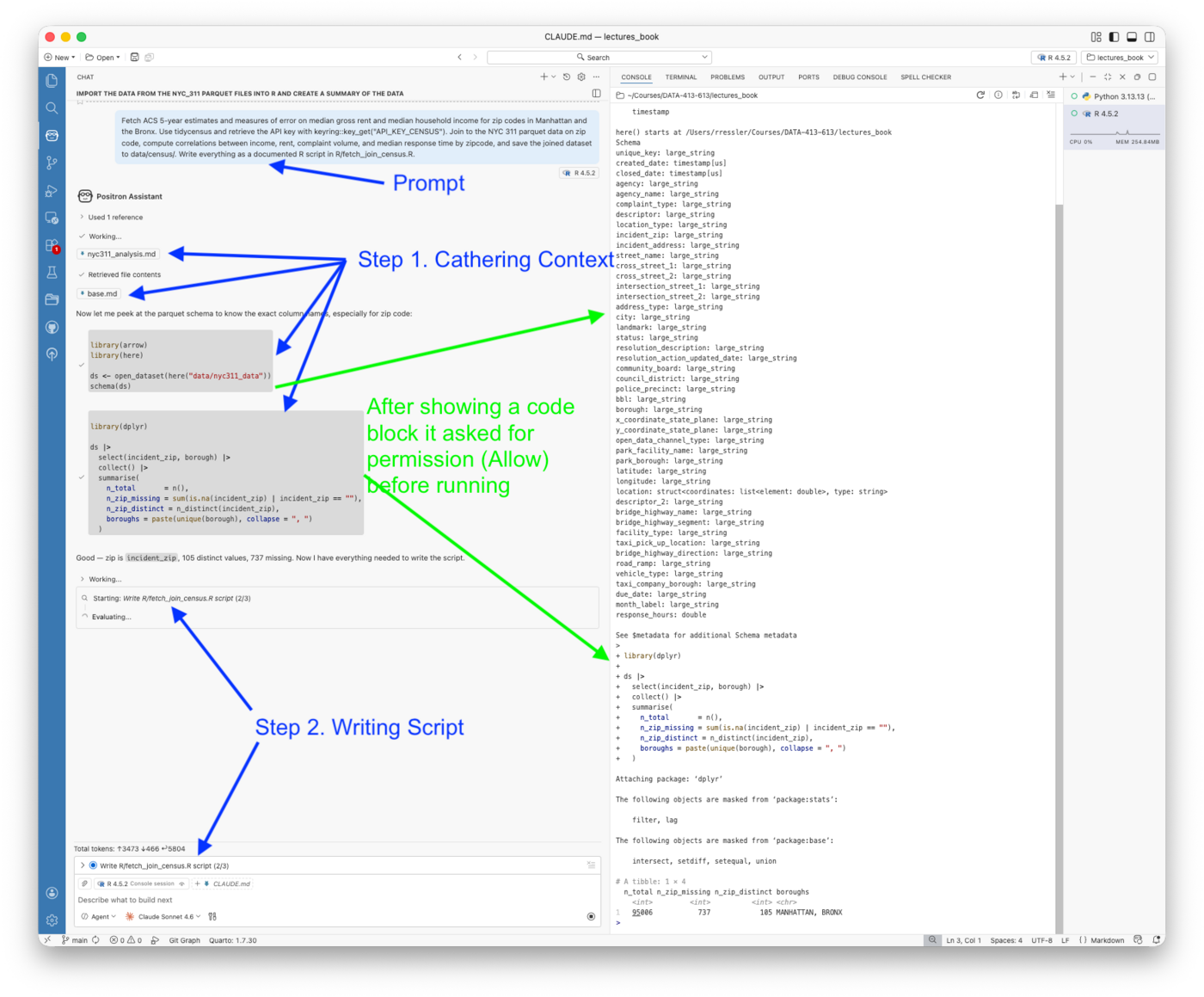 Positron Assistant Agent mode showing steps 1 and 2. The chat panel shows the agent reading nyc311_analysis.md and base.md, running an arrow schema check and dplyr zip code summary after permission prompts, and confirming 105 distinct zip codes with 737 missing values. The console shows the full 46-column parquet schema.