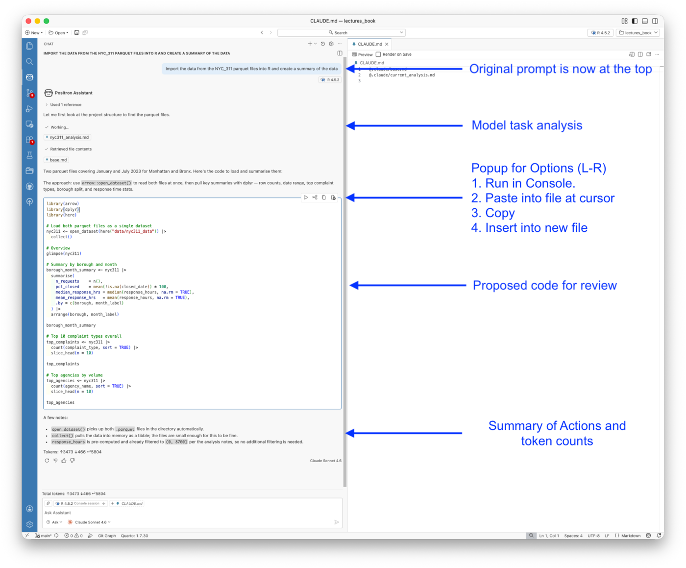 Positron Assistant panel showing a response to a prompt about loading NYC 311 parquet files. The panel shows the original prompt at the top, a working indicator, retrieved file contents from nyc311_analysis.md and base.md, proposed tidyverse R code using open_dataset and dplyr, notes on the approach, and a token count of 3473 plus 466 plus 5804 at the bottom.
